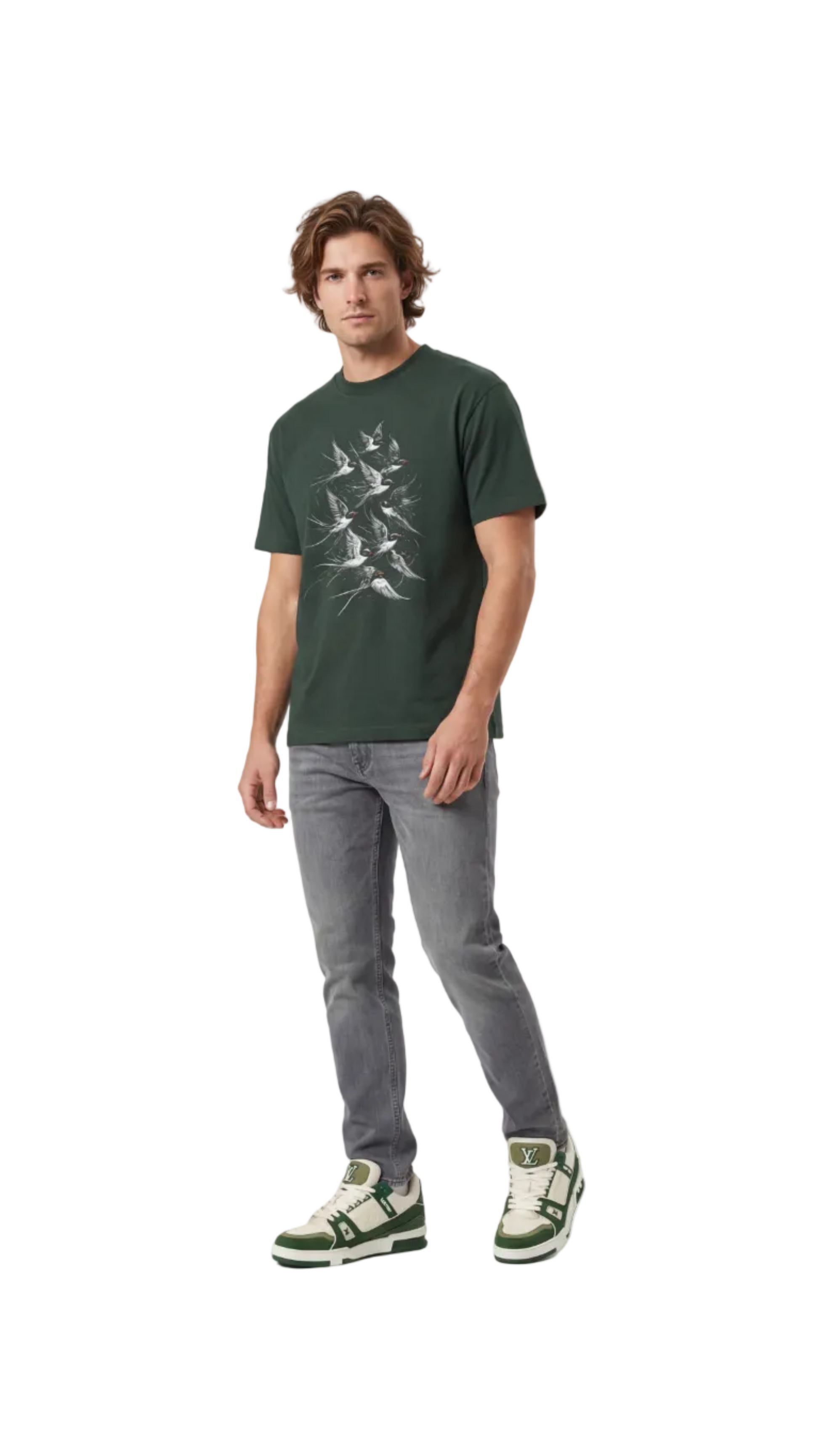 Man wearing a green t-shirt with a graphic design, gray pants, and green sneakers on a white background
